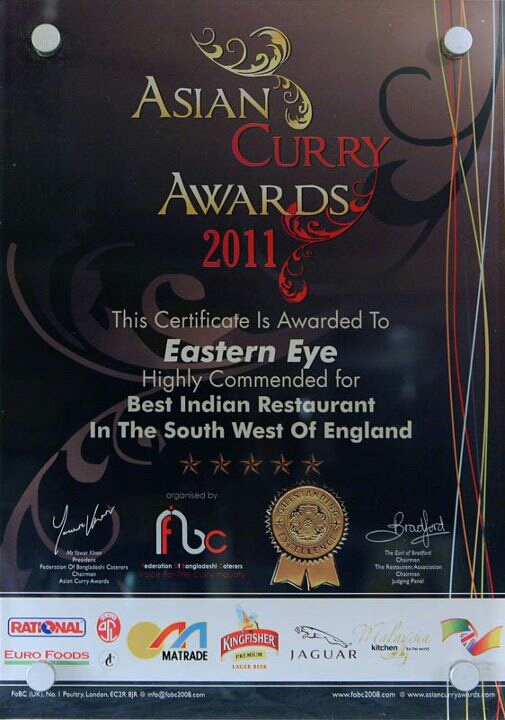 Asian Curry Awards 2011 certificate for best restaurant in the South West of England. The Grand Eastern Indian Restaurant, Bath