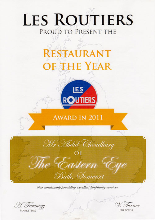 Restaurant of the Year Les Routiers award. The Grand Eastern Indian Restaurant, Bath
