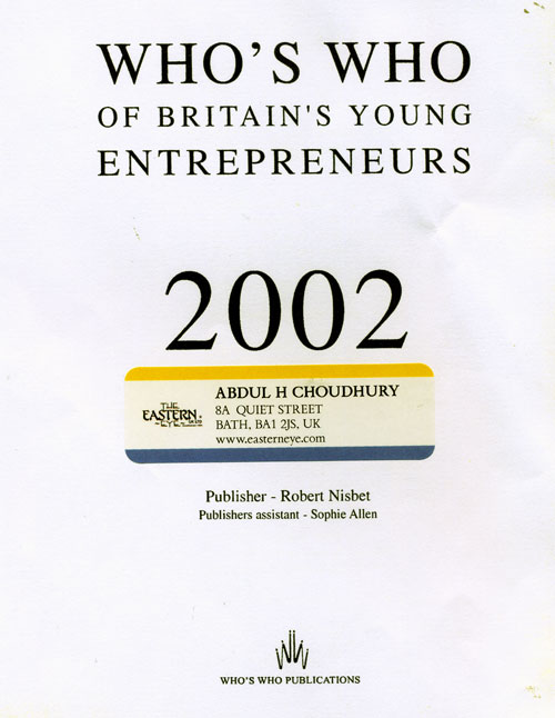 "Who's Who of Britain's Young Entrepreneurs Certificate". The Grand Eastern Indian Restaurant, Bath